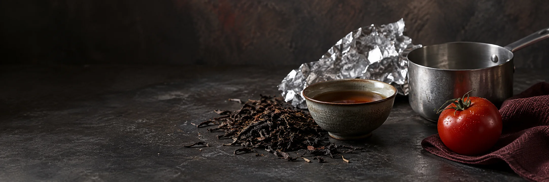 Tea, aluminum foil, a saucepan and a tomato illustrating BfR 2020 aluminum consumer-product source research context.