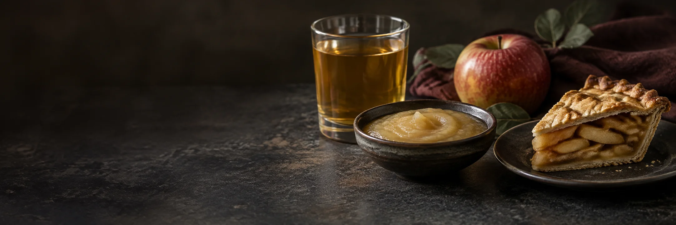 A glass of apple juice, a bowl of applesauce, a slice of apple pie and a whole apple illustrating apple pie ingredient context.