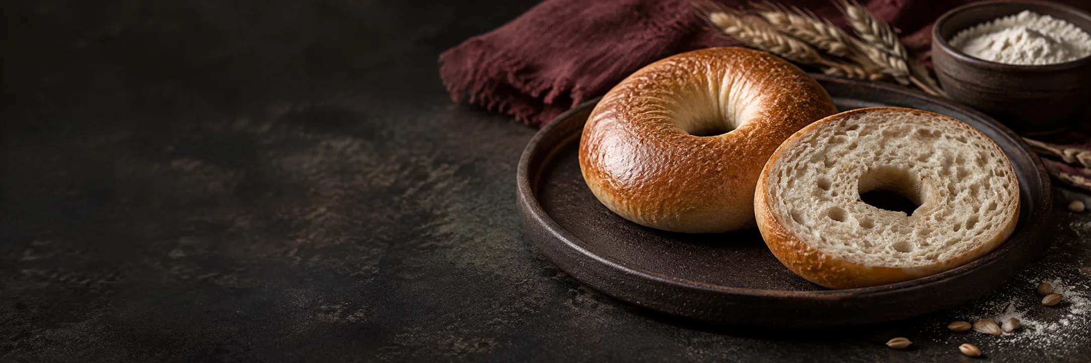 A whole plain bagel and a cut bagel showing its crumb illustrating bagel ingredient context.