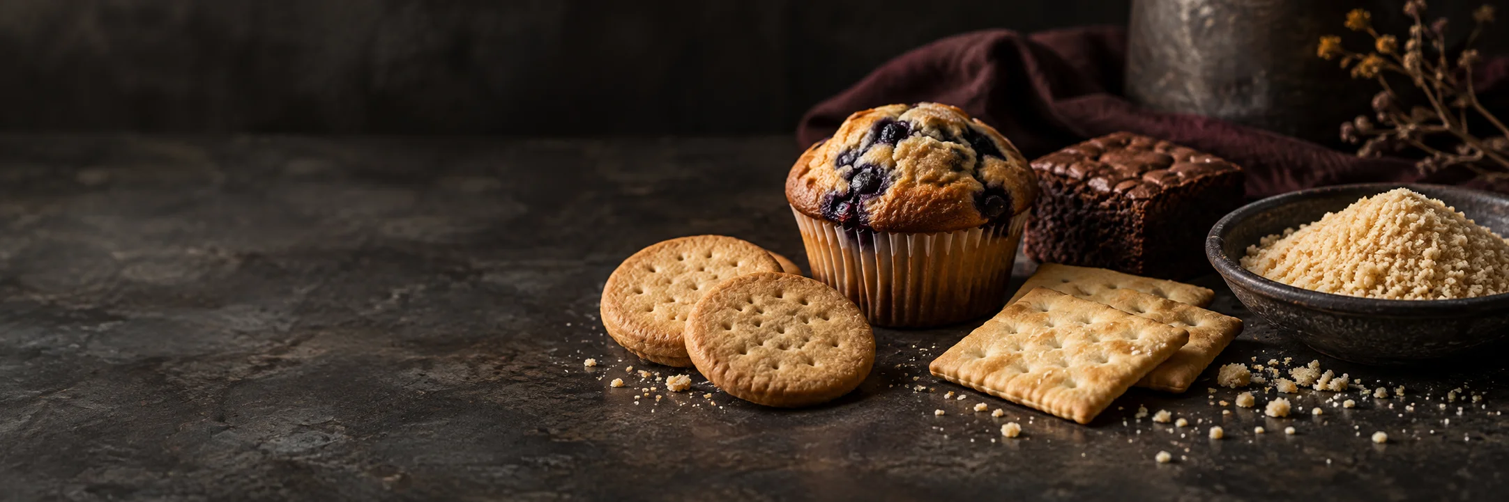 Plain biscuits, butter crackers, a blueberry muffin, a chocolate brownie and a dish of breadcrumbs illustrating grain based snacks product-format context.