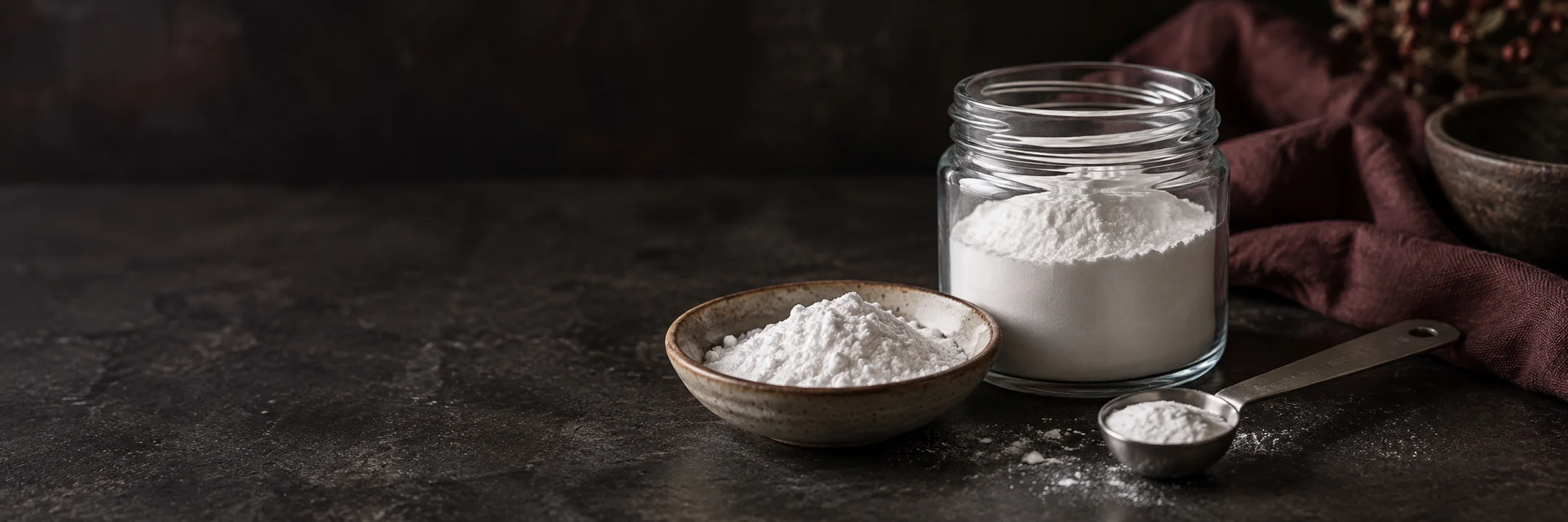 An unmarked glass jar and ceramic dish of fine white powder with a plain metal spoon illustrating research chem raw powders product-format context.