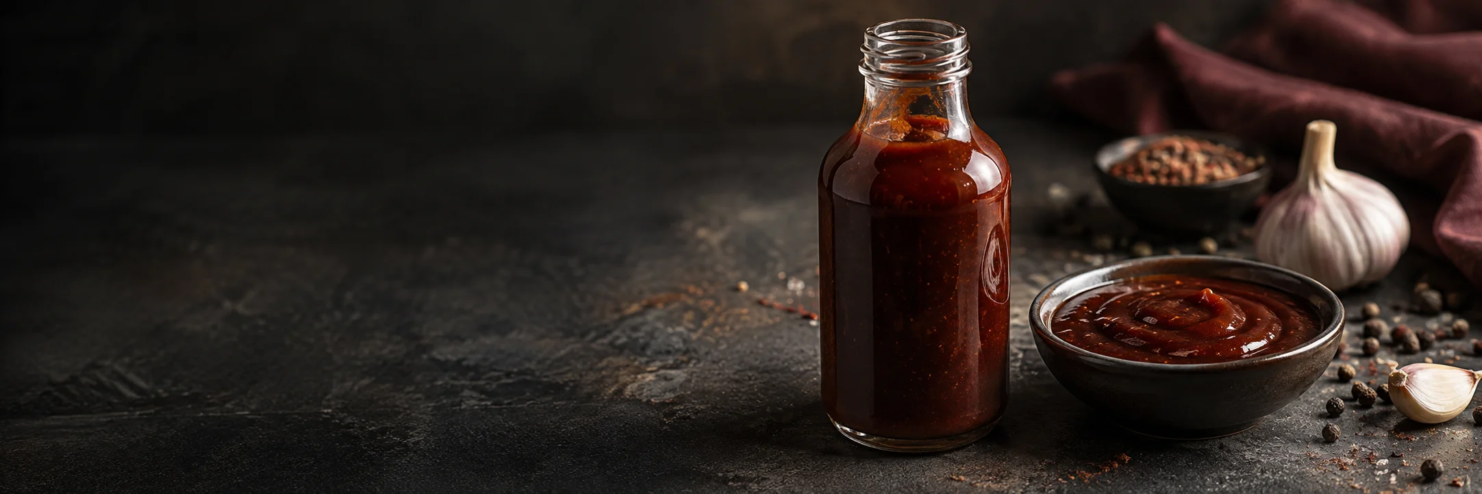 An unmarked bottle and bowl of reddish-brown barbecue sauce illustrating barbecue sauce ingredient context.