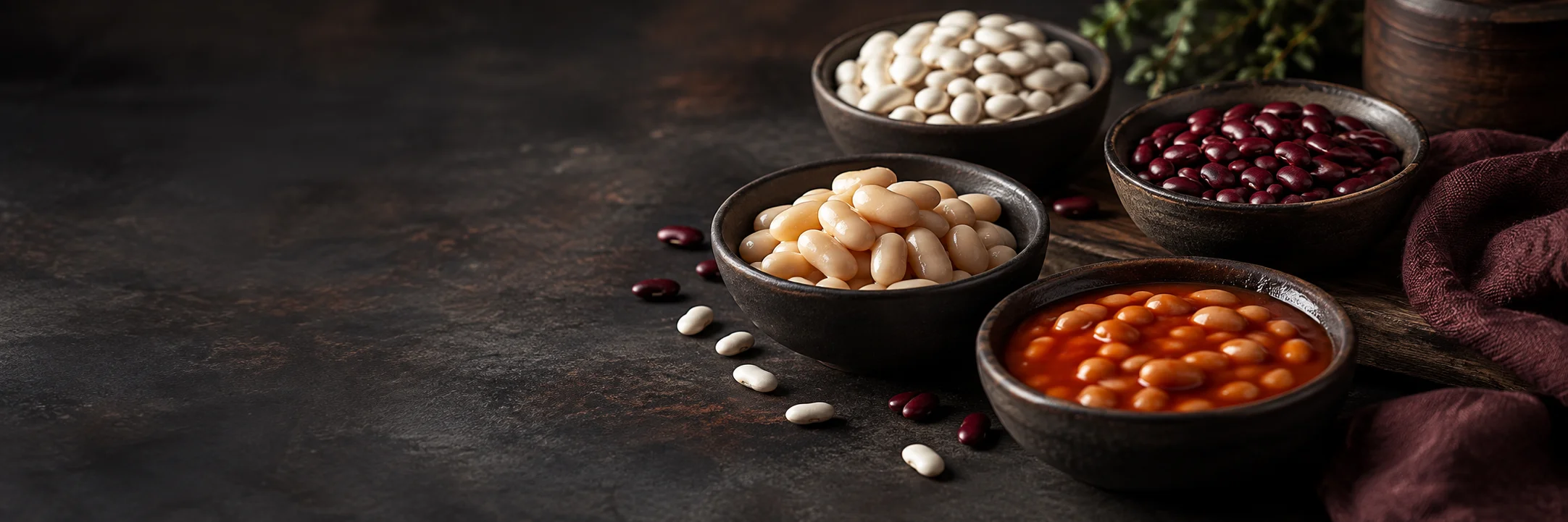 Dry white and red beans, plain cooked beans and baked beans in tomato sauce illustrating white beans ingredient context.