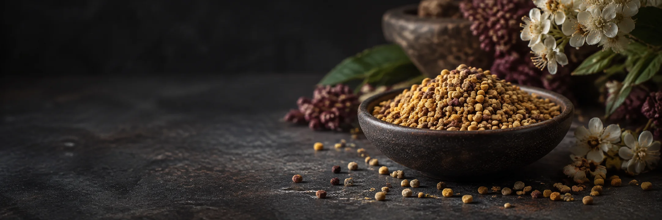A ceramic bowl of muted yellow and ochre bee pollen granules illustrating bee pollen ingredient context.