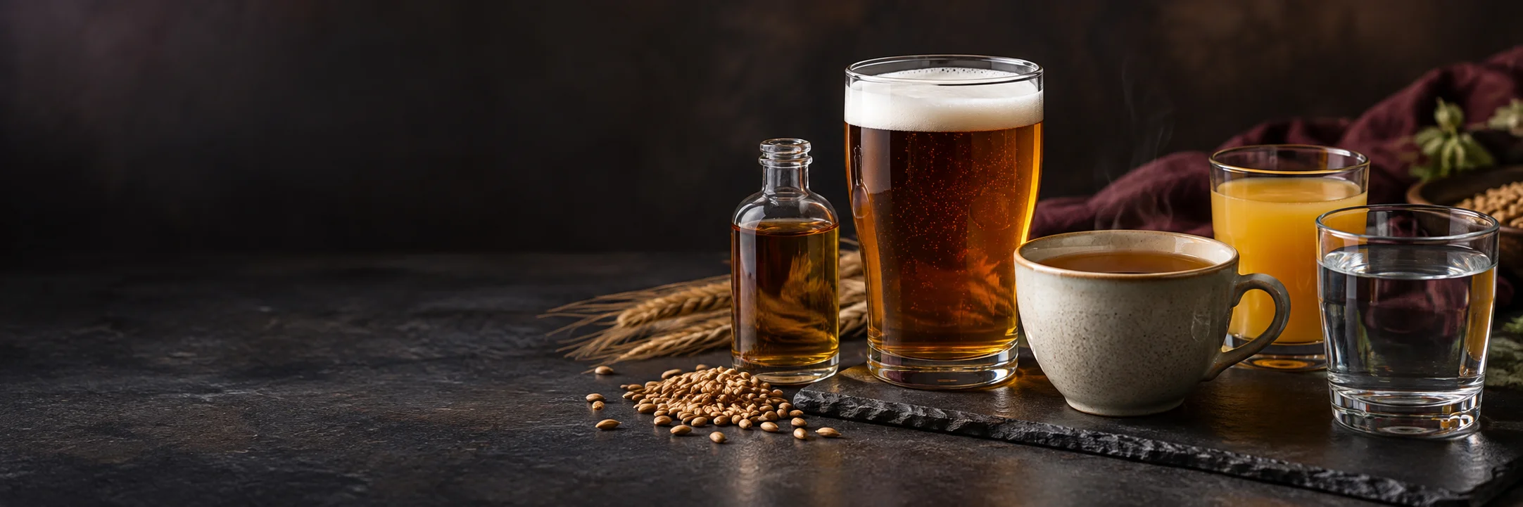 An unmarked bottle, a glass of amber beer, a tea cup, orange juice, water and barley grains illustrating Bhattacharya 2024 rice-beer elemental study research context.