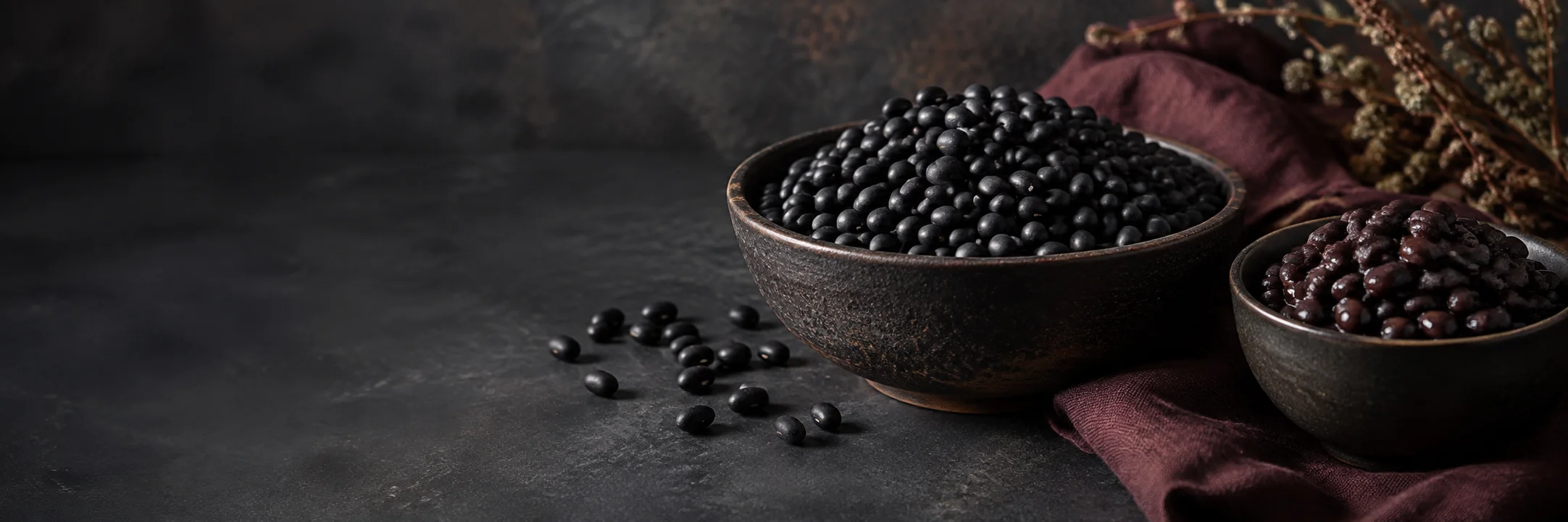 Bowls of dry black beans and plain cooked black beans illustrating black beans ingredient context.