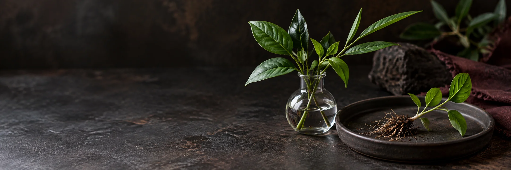 Green leafy plant cuttings in unmarked glassware beside a small rooted seedling on a dark specimen tray illustrating Butko 2008 plant cadmium mechanism research context.