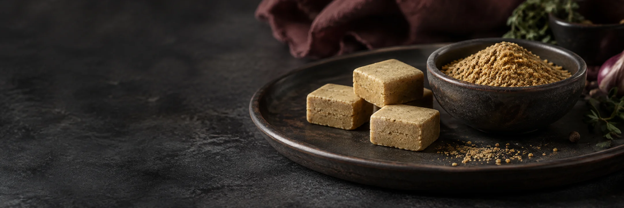 Unwrapped tan bouillon cubes beside a dish of golden-brown seasoning powder illustrating bouillon seasoning blends product-format context.