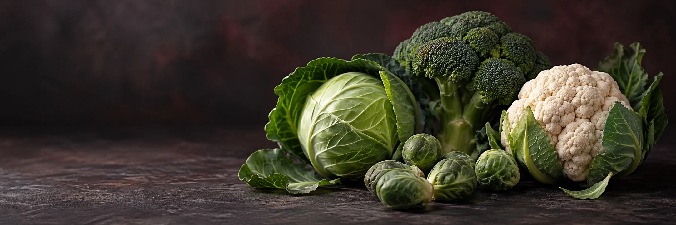Cabbage, broccoli, Brussels sprouts and cauliflower illustrating brussels sprouts ingredient context.