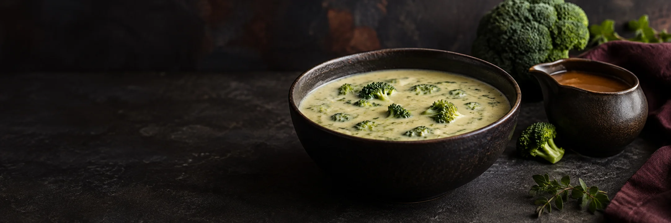 A bowl of creamy broccoli soup and a separate pouring vessel of brown gravy illustrating broccoli cheese soup ingredient context.