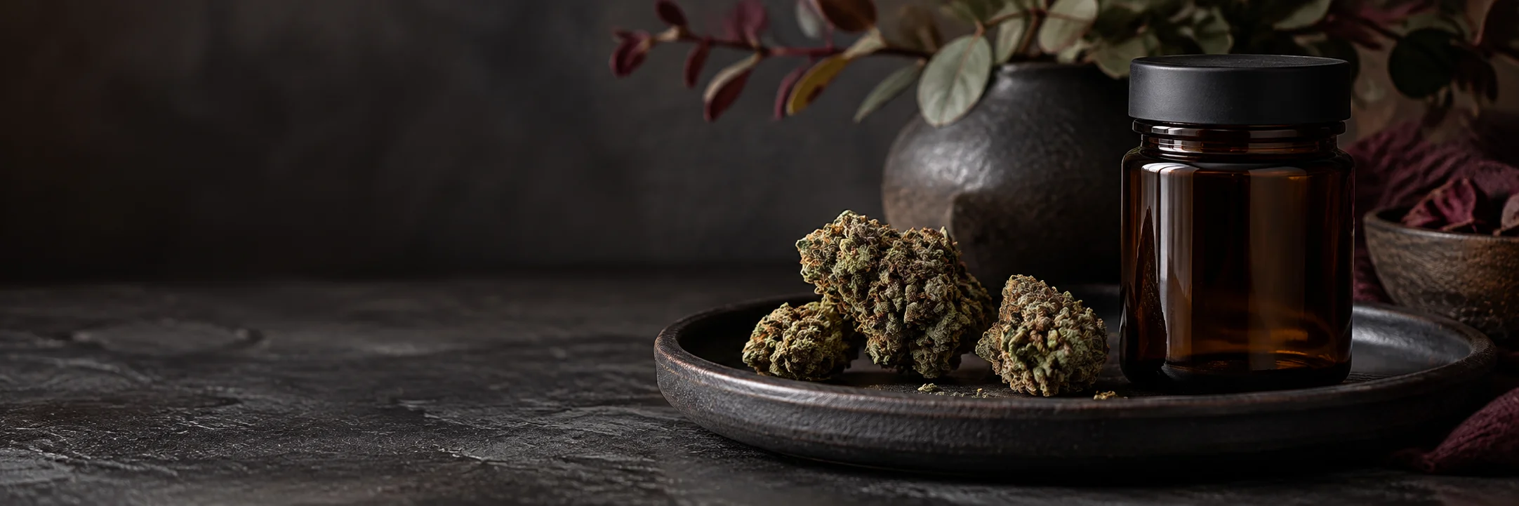 Dried cannabis flower buds beside a closed unmarked amber jar illustrating Cacic 2019 hemp accumulation study research context.