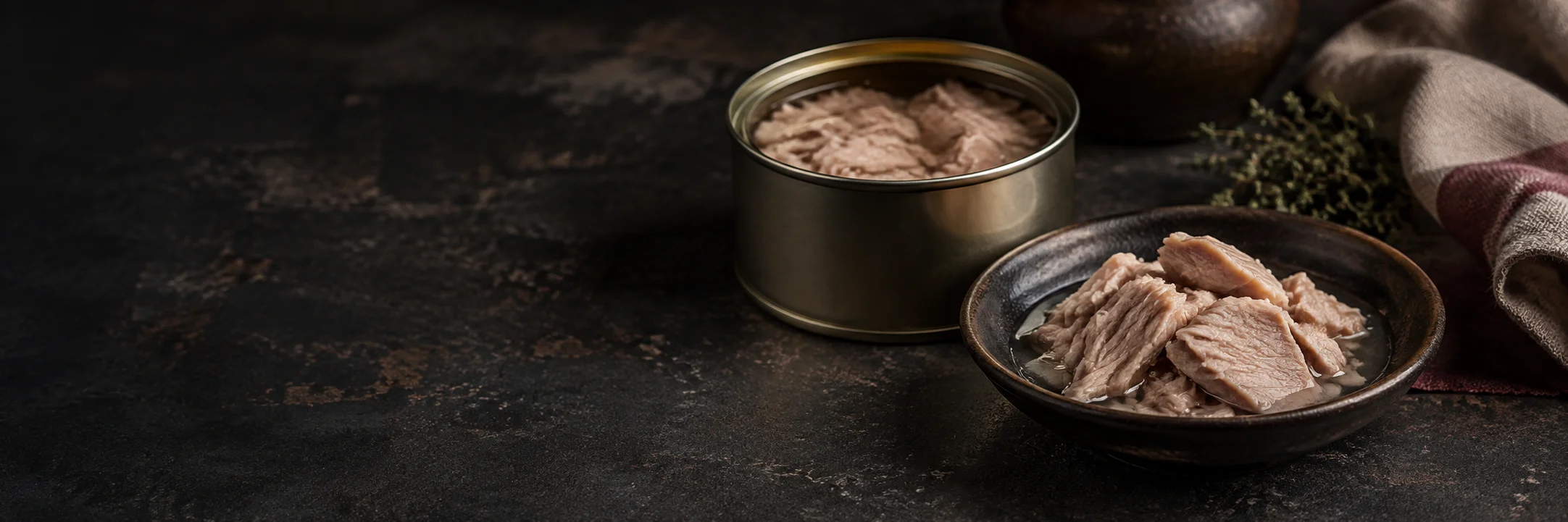 An unmarked open tin and a separate dish of pale shredded cooked meat illustrating canned meats product-format context.