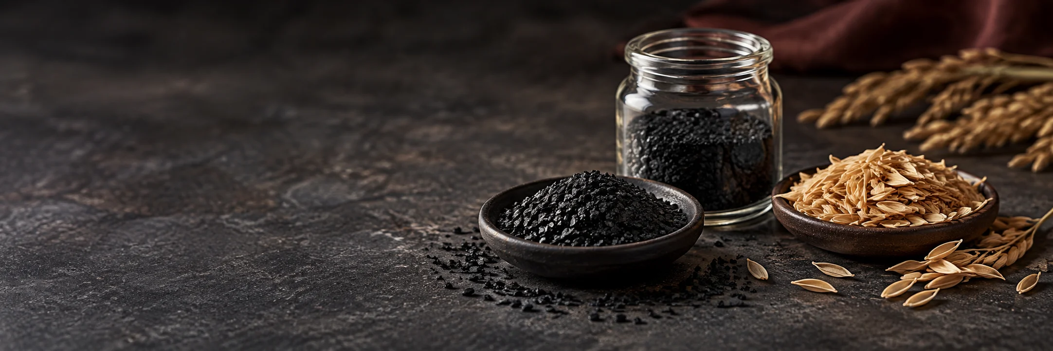 An unmarked jar and dish of black carbon-like granules beside a separate dish of pale dry grain husks illustrating Boostani 2025 carbon-mineral soil material research context.