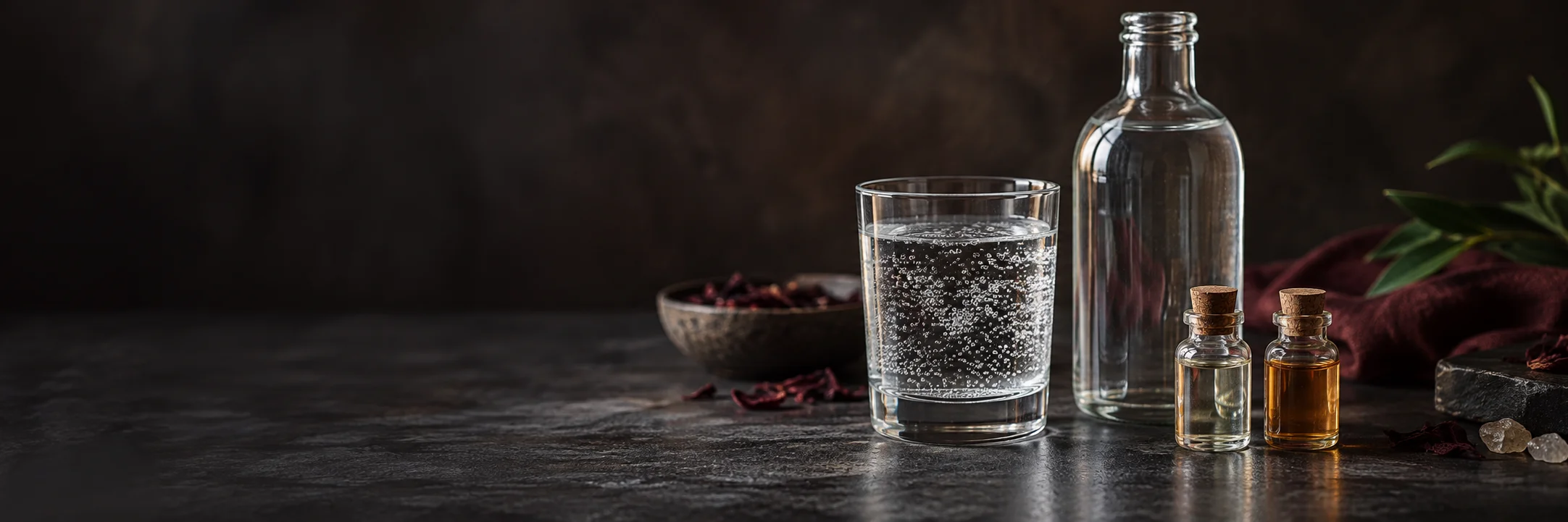 An unmarked bottle and glass of clear carbonated water beside two small liquid vials illustrating soft drink bases ingredient context.