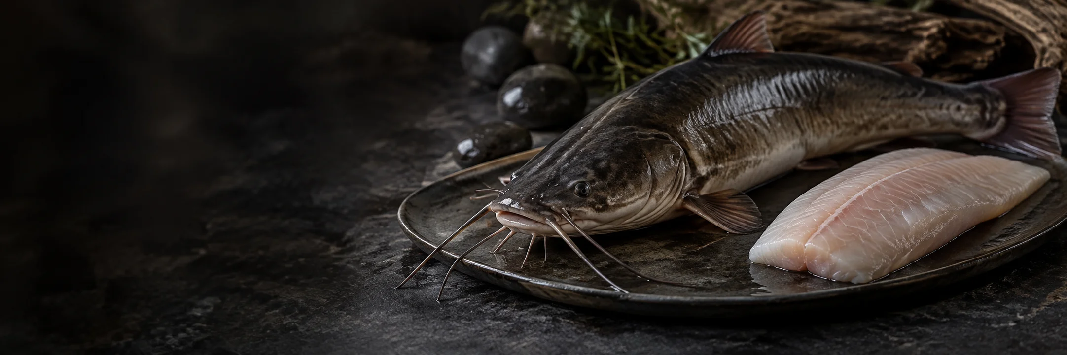 A whole catfish with natural barbels and a pale fish fillet illustrating catfish ingredient context.
