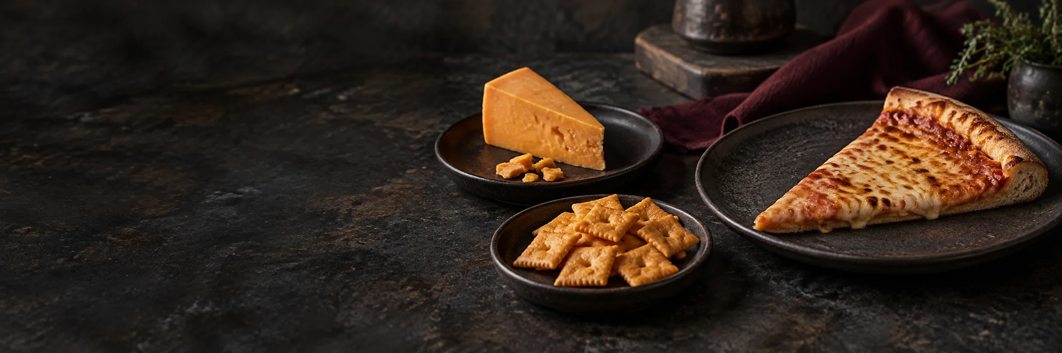 A wedge of orange cheese, golden crackers and a cheese pizza slice illustrating cheese pizza ingredient context.