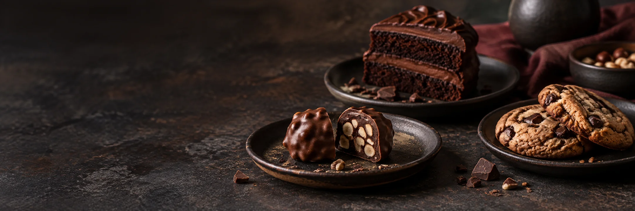 A slice of iced chocolate cake, chocolate-chip cookies and cut chocolate nut candy illustrating cannabis edibles product-format context.