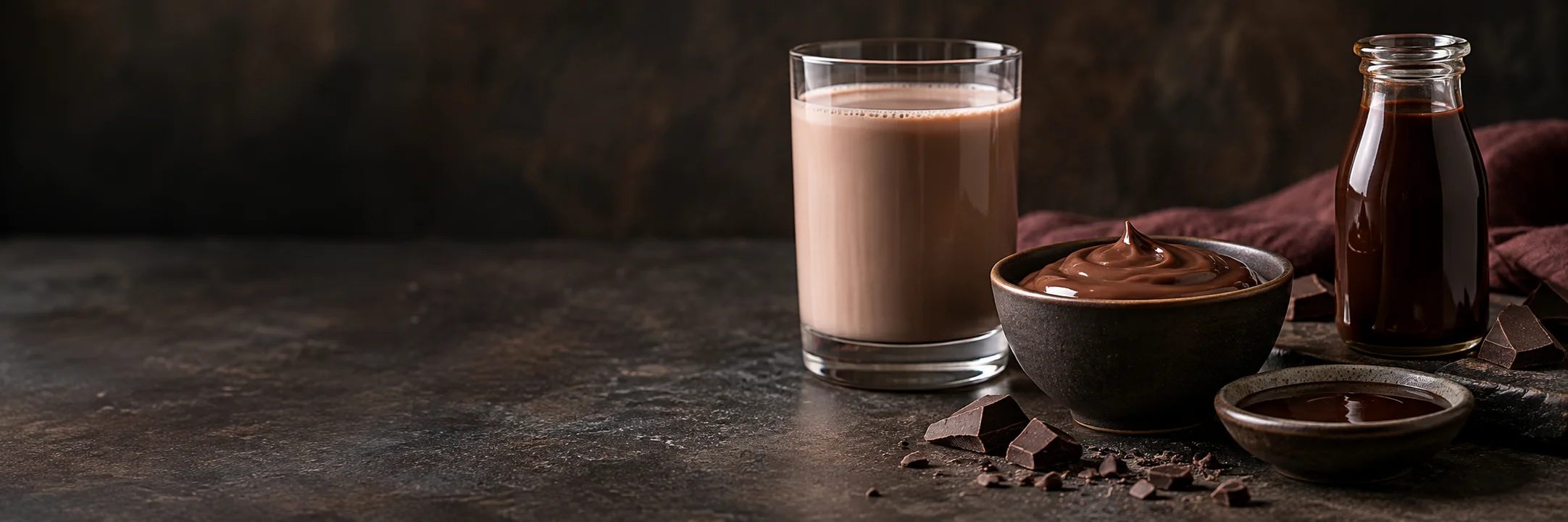 A glass of pale chocolate milk, a bowl of chocolate pudding and unmarked chocolate-syrup containers illustrating chocolate syrup ingredient context.