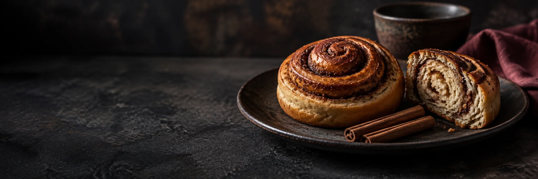 A spiral pastry, a cut pastry portion showing its crumb and cinnamon sticks illustrating cinnamon roll ingredient context.