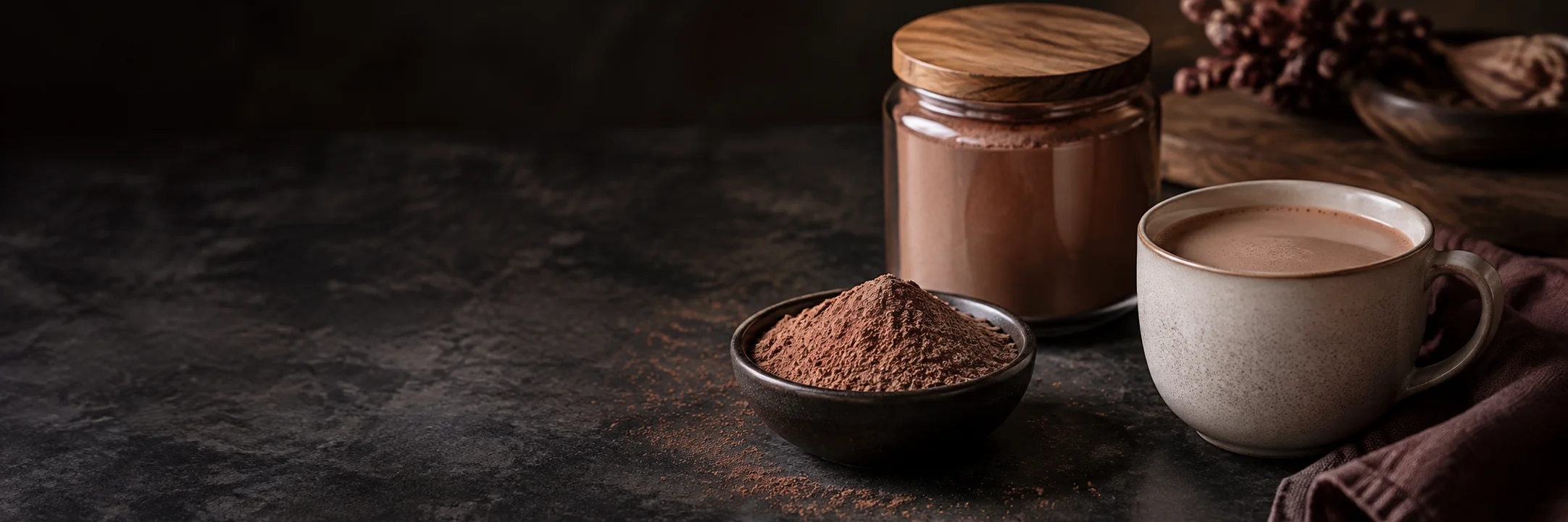 Brown cocoa beverage-mix powder in a dish and unmarked jar beside a cup of pale hot chocolate illustrating cocoa beverage mixes product-format context.