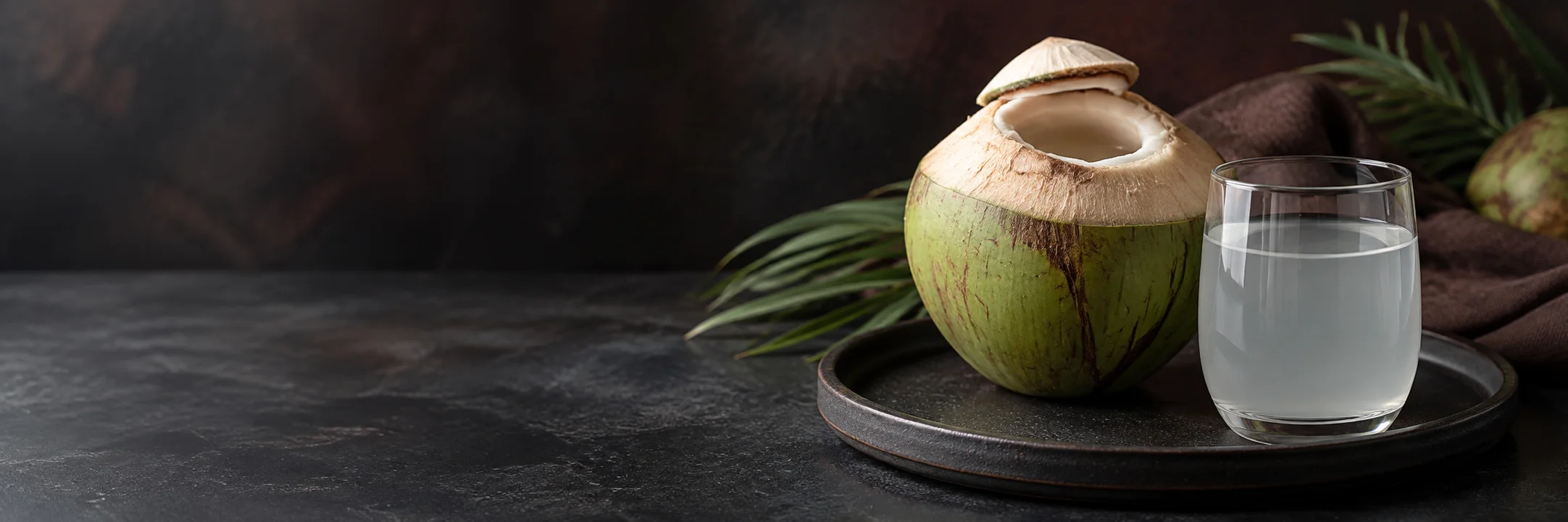 An opened young green coconut and a glass of pale clear liquid illustrating coconut water ingredient context.