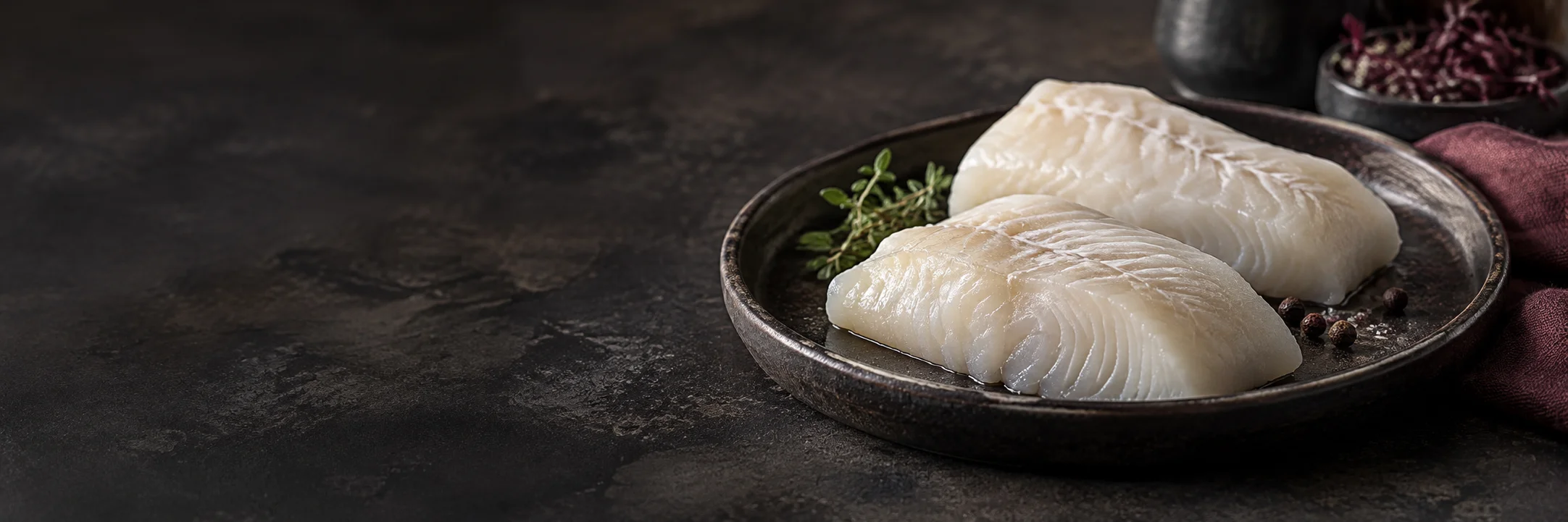 Thick pale whitefish fillet portions with subtle natural flaking illustrating cod ingredient context.