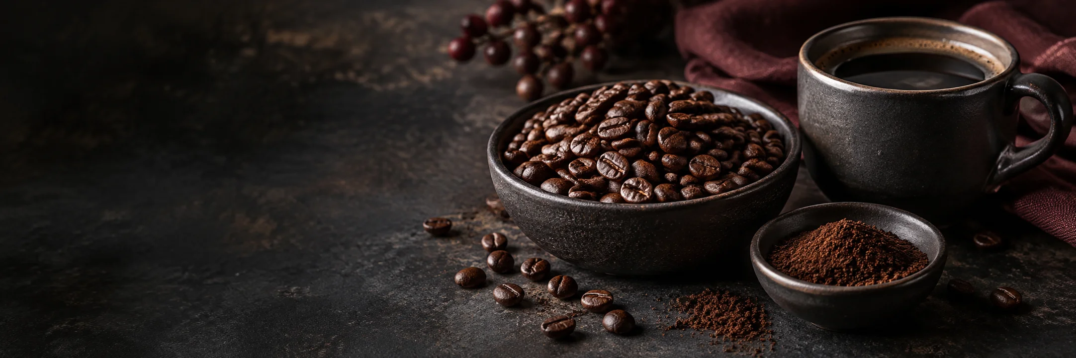 Roasted coffee beans, a dish of ground coffee and a plain cup of black coffee illustrating Berego 2023 coffee and soil study research context.