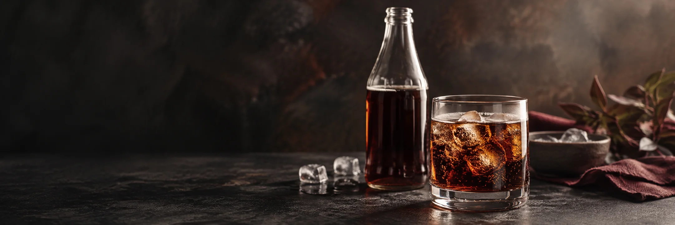 An unmarked bottle and glass of dark carbonated drink illustrating cola ingredient context.