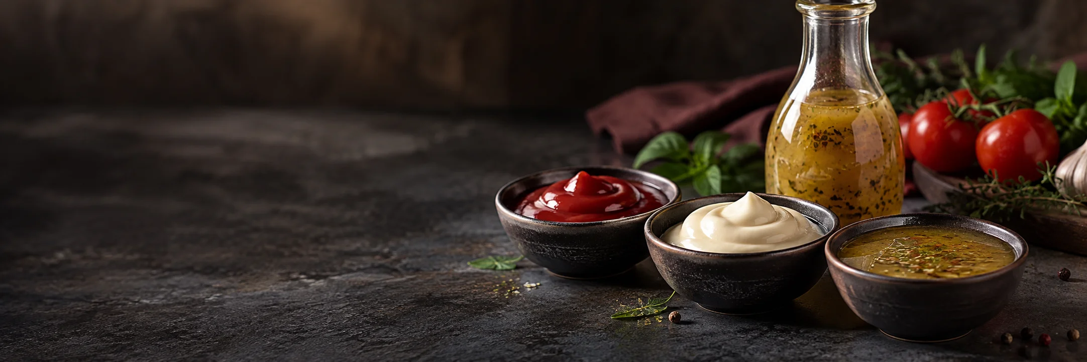 Separate dishes of ketchup, mayonnaise and herb-flecked vinaigrette with an unmarked dressing bottle illustrating mustard mayo dressings product-format context.