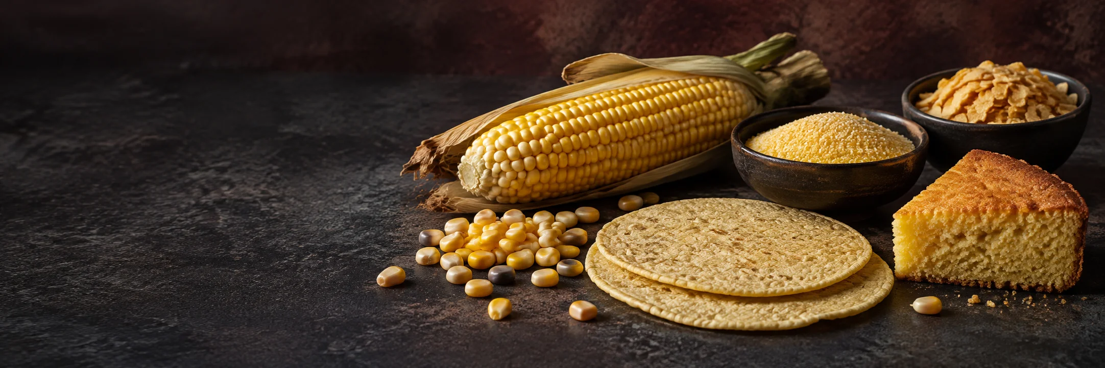 Corn, corn flakes, corn grits, corn tortillas and cornbread illustrating corn tortilla ingredient context.