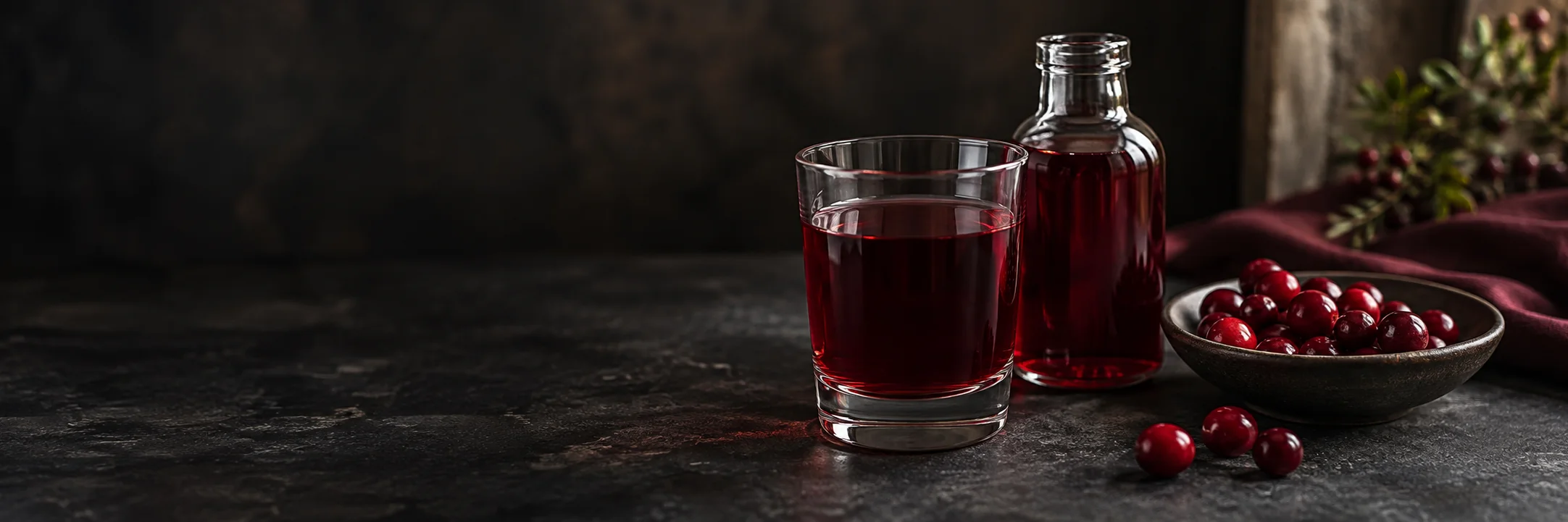 An unmarked bottle and glass of deep red juice beside whole cranberries illustrating cranberry juice cocktail ingredient context.