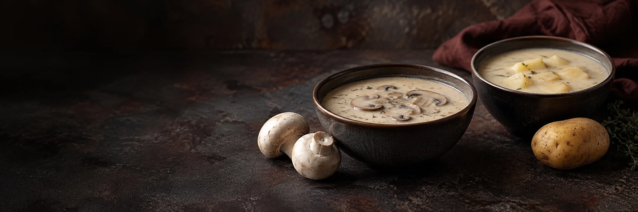Separate bowls of creamy mushroom and potato soups beside button mushrooms and a potato illustrating cream of mushroom soup ingredient context.