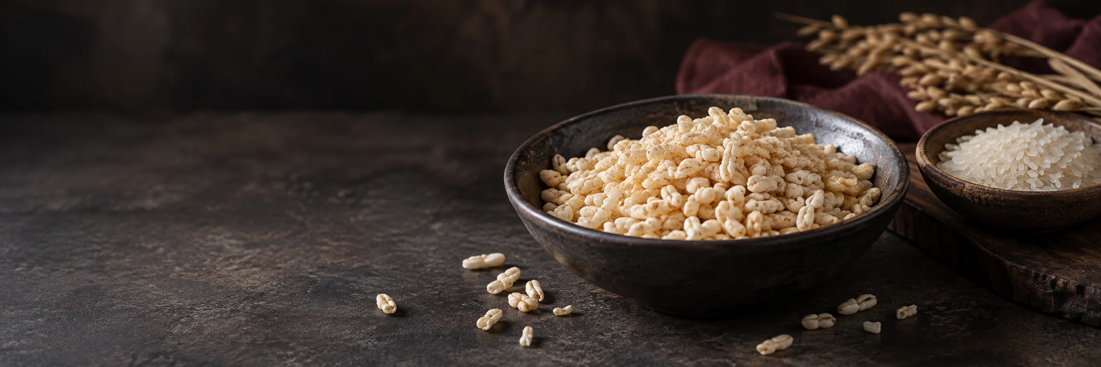 A bowl of light crisped-rice cereal and a separate dish of uncooked rice illustrating breakfast cereal rice based product-format context.