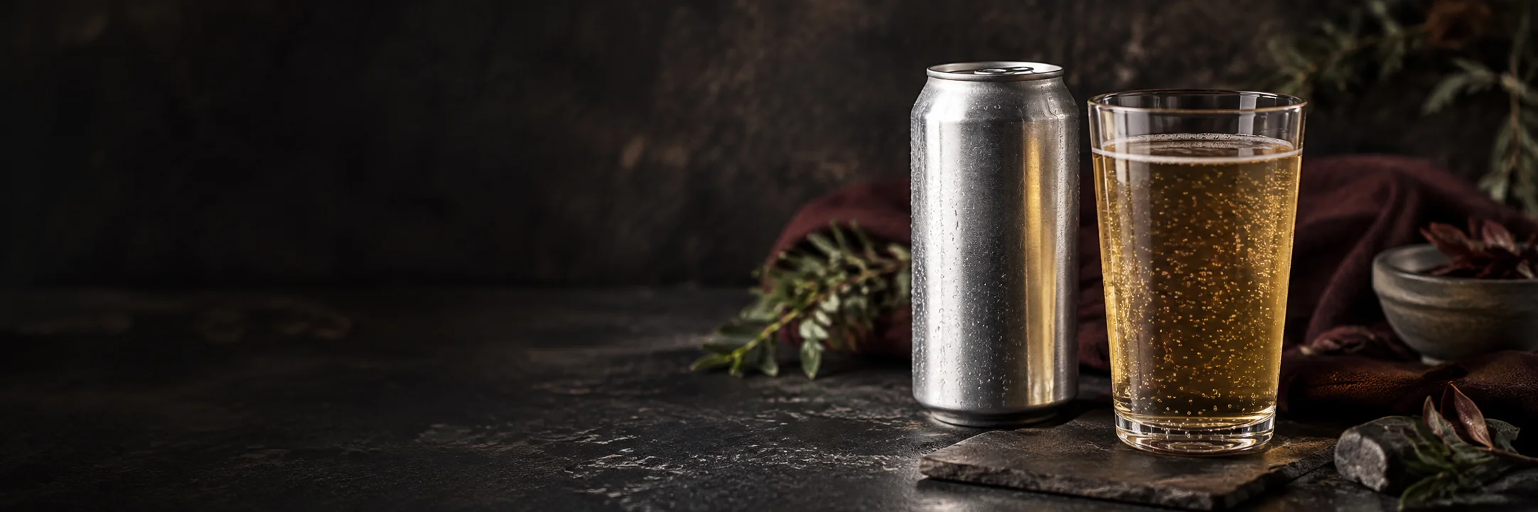 An unmarked metal beverage can and a glass of pale amber fizzy liquid illustrating Babayo 2026 energy-drink elemental study research context.