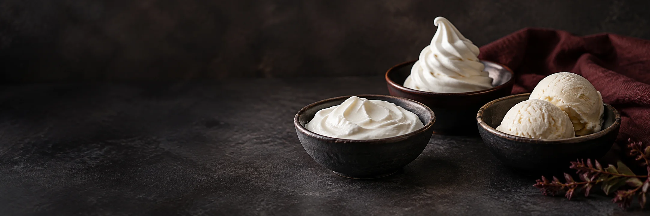 Separate dishes of smooth white fresh dairy, a frozen white swirl and pale ice-cream scoops illustrating dairy yogurt cultured product-format context.