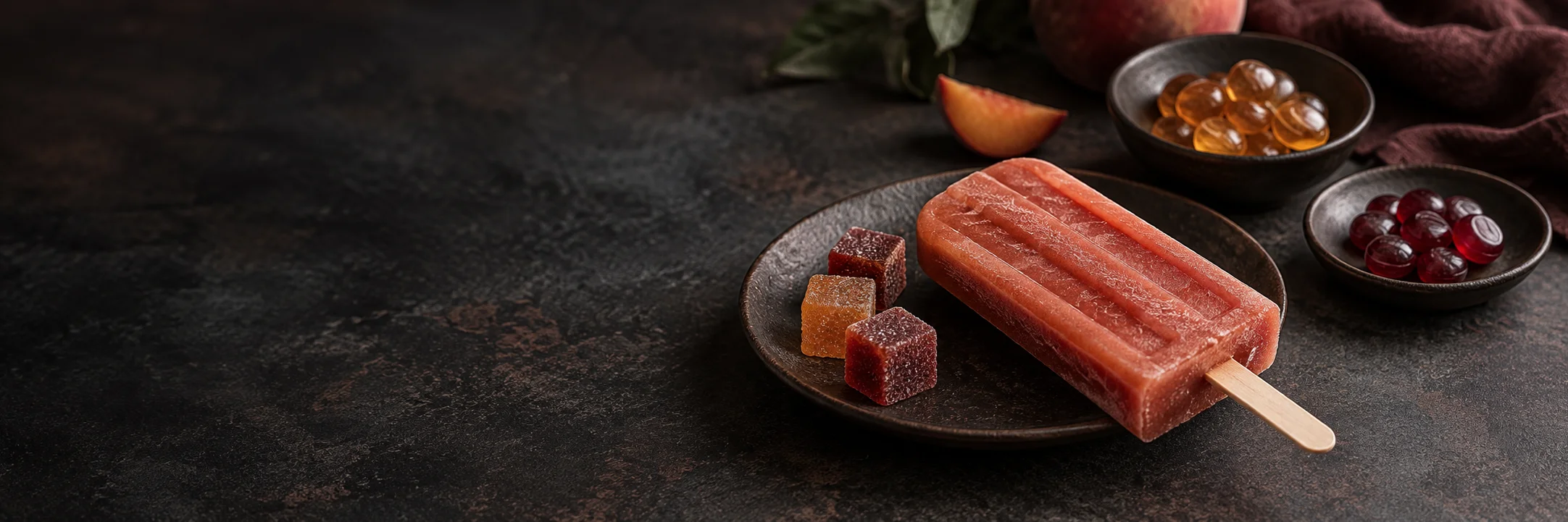 An unwrapped fruit ice pop, small jelly-candy cubes and separate amber and red hard candies illustrating gummies jellies product-format context.
