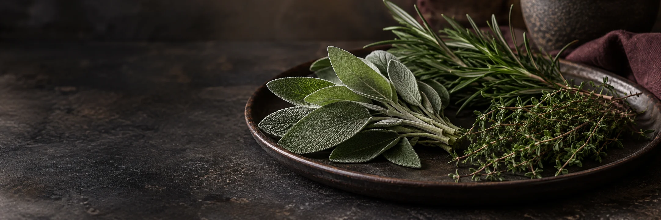 Separate bunches of fresh sage, rosemary and thyme illustrating sage ingredient context.