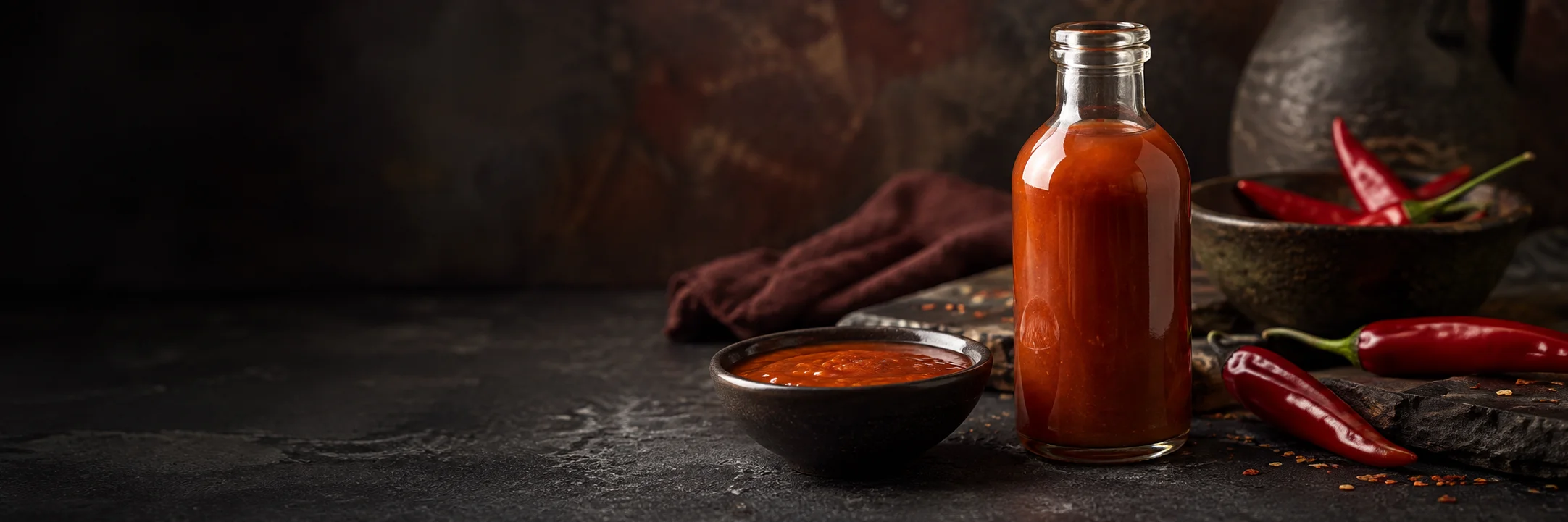 An unmarked bottle and dish of red-orange chili sauce beside whole red chili peppers illustrating hot chili sauces product-format context.