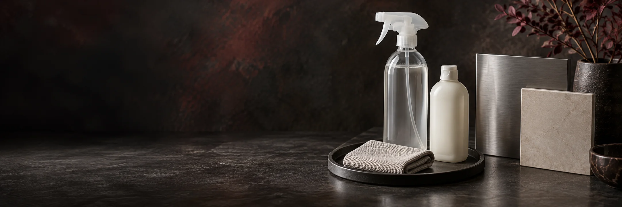 Unmarked spray and squeeze bottles with a folded cloth, stainless-steel panel and ceramic tile illustrating BCPP 2017 cleaning-product disclosure source research context.