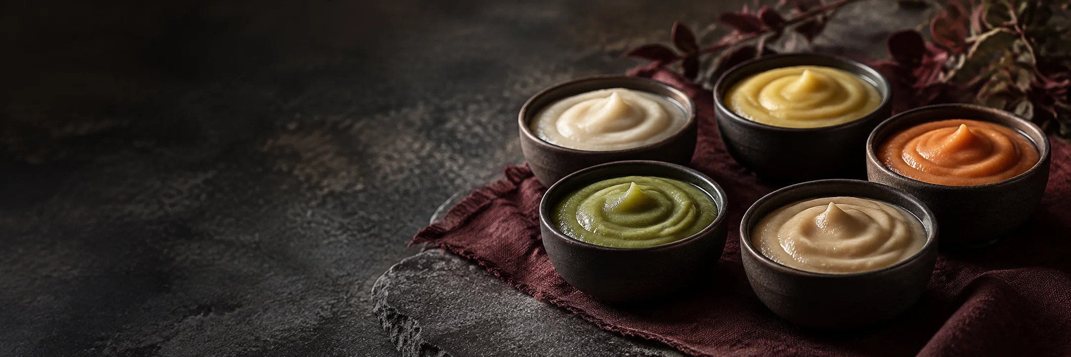 Five unmarked ceramic bowls of smooth pureed foods illustrating BfR 2018 infant-food elemental source research context.