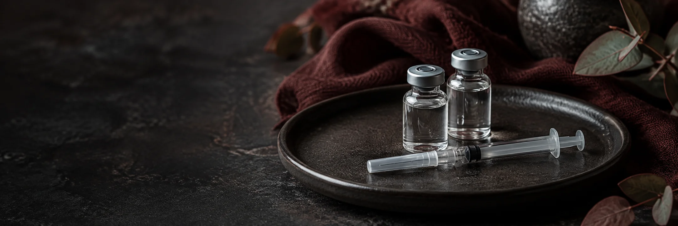 Plain sealed injectable-style vials and a capped unused syringe illustrating aas injectable product-format context.