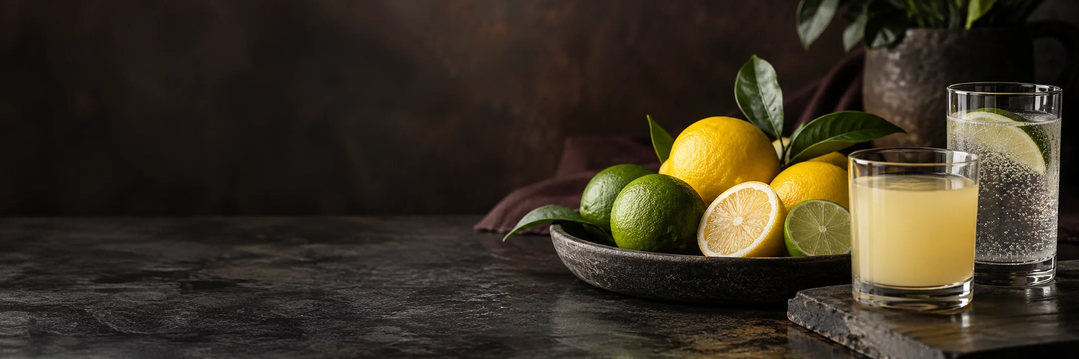 Lemons, limes and separate glasses of pale citrus juice and clear carbonated drink illustrating lemon juice ingredient context.