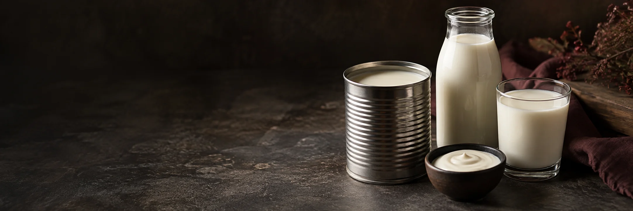 An unmarked open milk can, a milk bottle, a glass of milk and a separate dish of cream illustrating andrade2023 cow milk soy metals research context.
