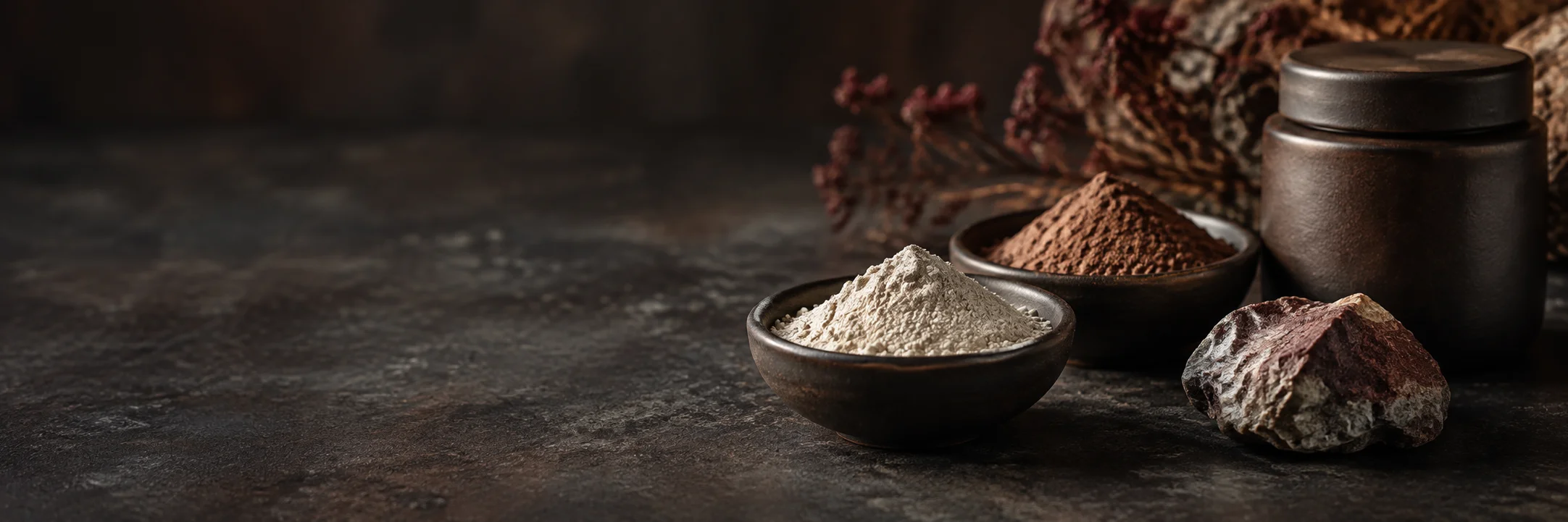 Separate dishes of pale mineral-like and earthy-brown powders beside an unmarked jar and mineral stone illustrating supplements clay mineral earth product-format context.