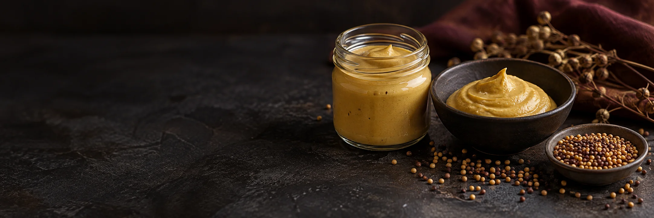 Golden-yellow mustard in an unmarked jar and dish beside mustard seeds illustrating mustard ingredient context.