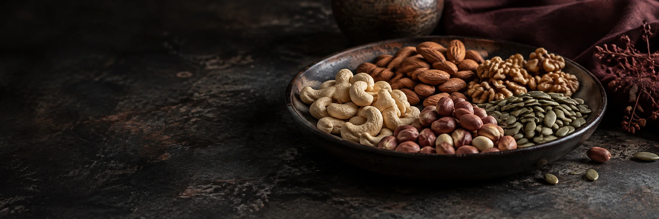Cashews, almonds, walnut pieces and pumpkin seeds in a shallow ceramic tray illustrating Bielecka 2021 nut elemental study research context.