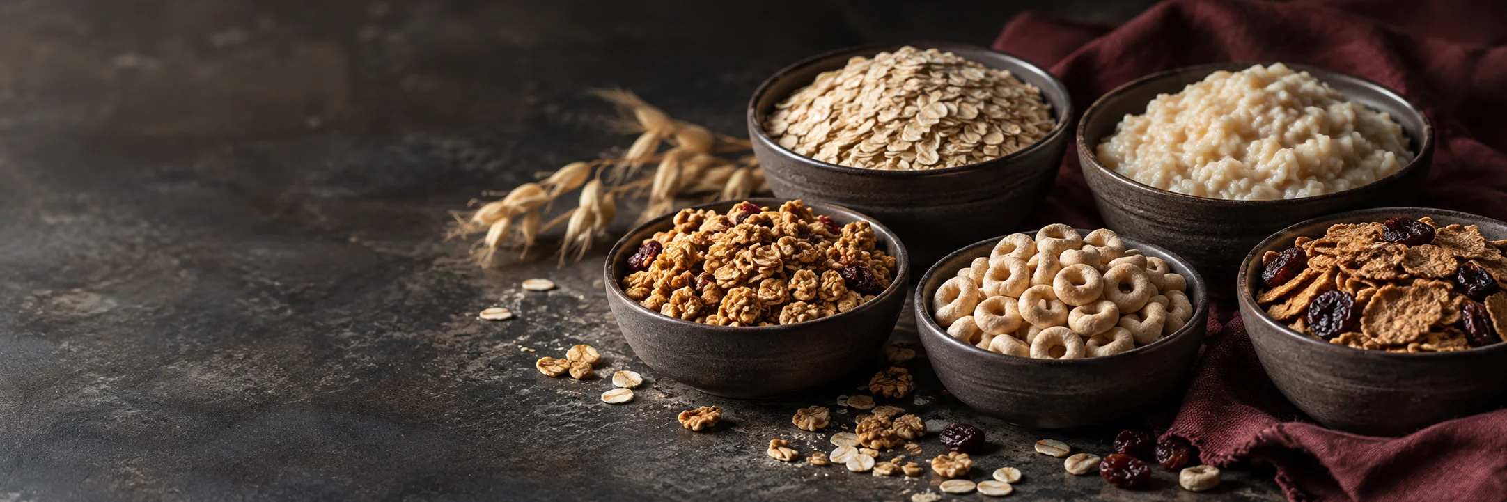 Rolled oats, oatmeal, granola, oat rings and bran cereal with raisins illustrating breakfast cereal non rice product-format context.