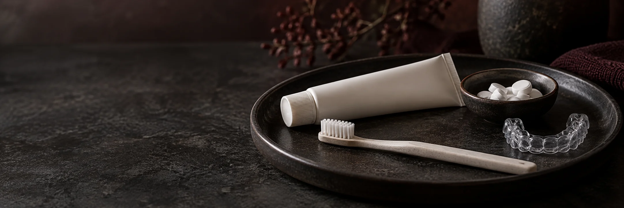 An unmarked oral-care tube, toothbrush, plain tablets and a clear removable appliance tray illustrating dentifrices product-format context.