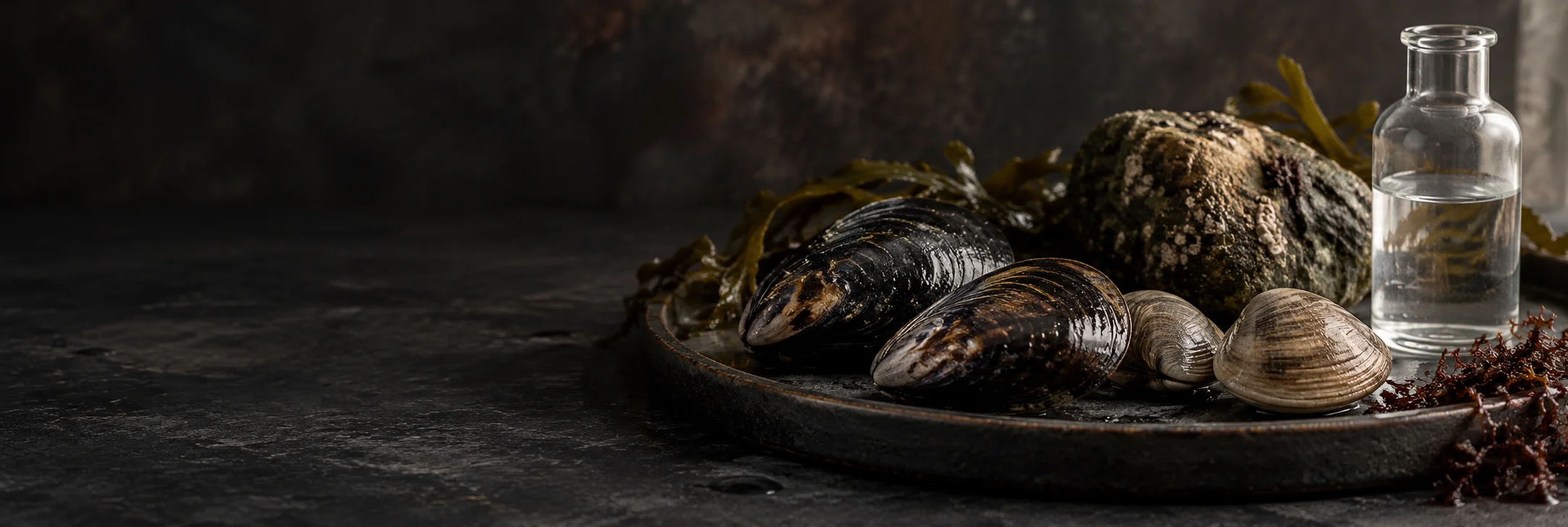 Shellfish, a marine stone and a glass vessel illustrating amodio cocchieri2000 farmed fish shellfish alkyltins research context.