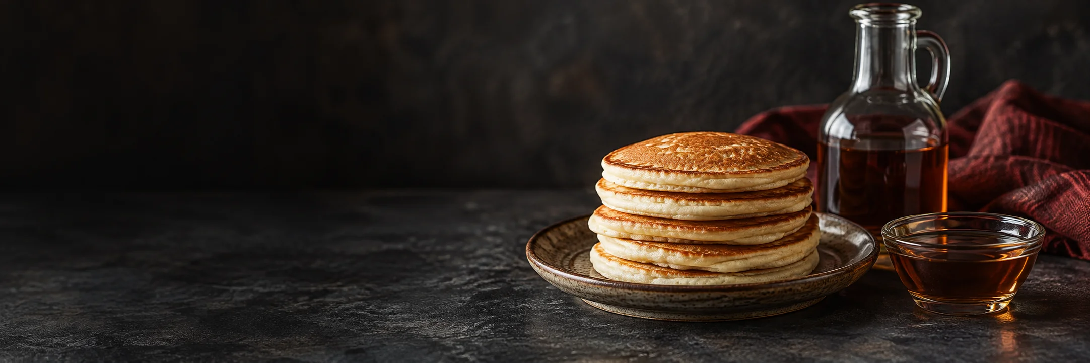 A stack of plain pancakes beside an unmarked bottle and dish of amber syrup illustrating syrups maple agave molasses product-format context.